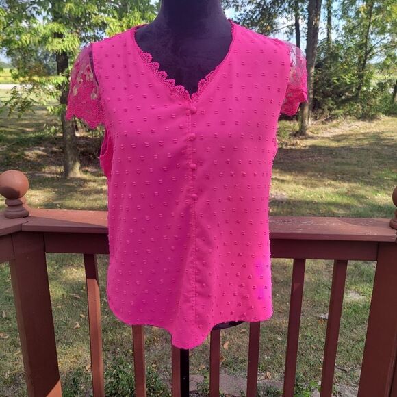 Women's Hot Pink Swiss Dot Lace V-Neck Short Sleeve Blouse Tops Size Large - Picture 2 of 15
